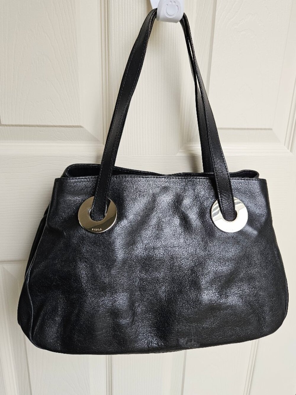 Furla Black Metallic Sheen Leather Ring Hobo Tote Bag Italy F4705